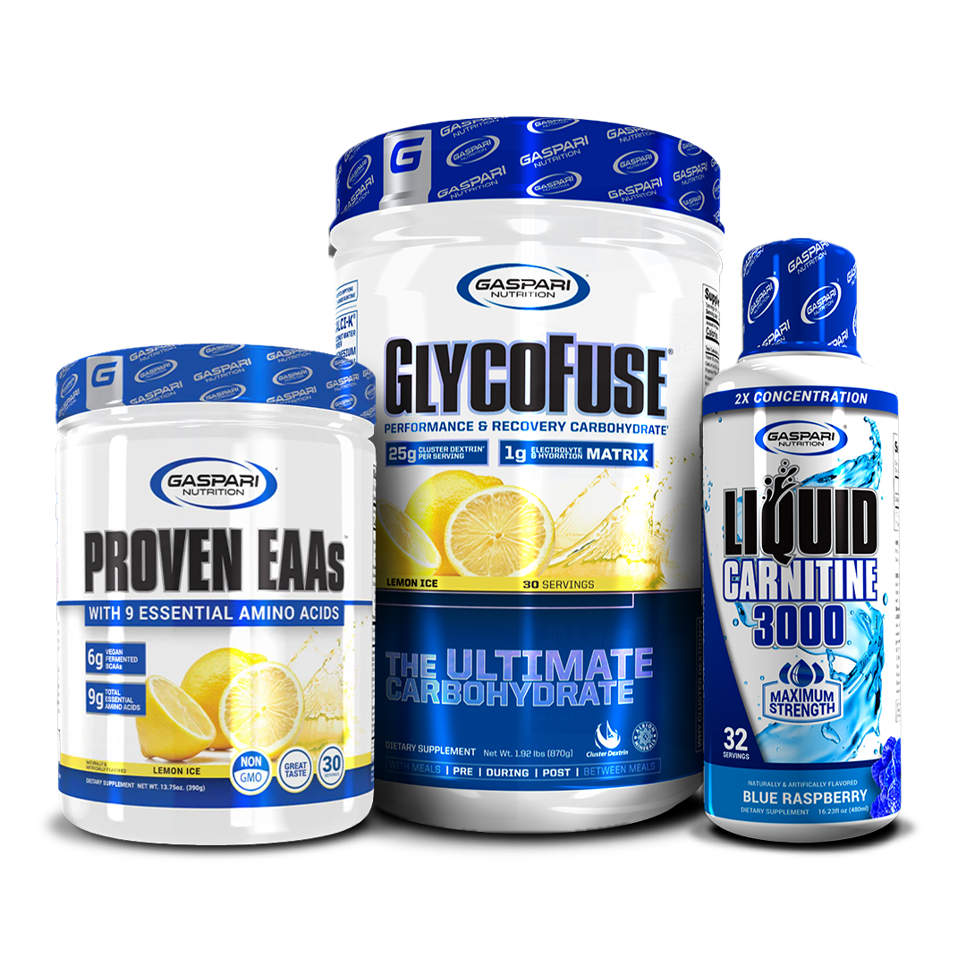 Display of Gaspari Nutrition's supplement trio: Proven EAAs in guava nectarine, GlycoFuse in strawberry kiwi, and Liquid L-Carnitine 3000 in orange pineapple.