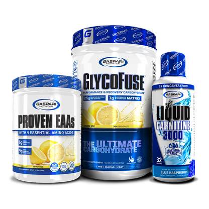 Display of Gaspari Nutrition's supplement trio: Proven EAAs in guava nectarine, GlycoFuse in strawberry kiwi, and Liquid L-Carnitine 3000 in orange pineapple.