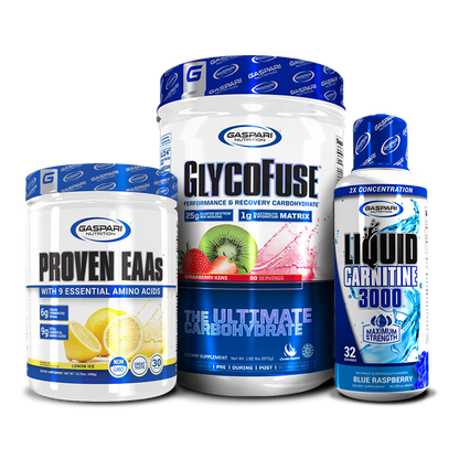 Eye-catching image of Proven EAAs, GlycoFuse, and Liquid L-Carnitine stacked with excellent readability on label details.