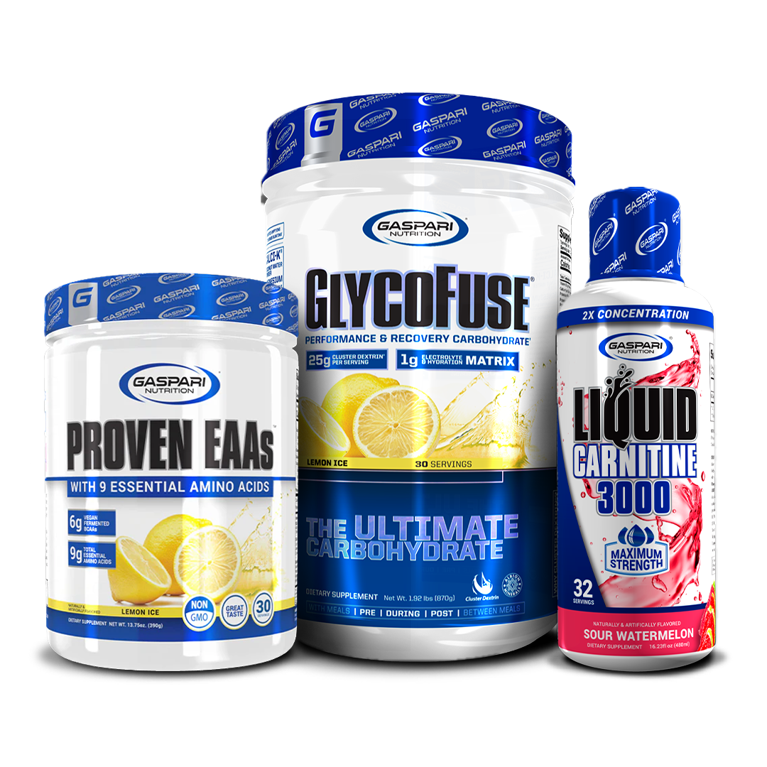 Array of three top performance supplements – Proven EAAs, GlycoFuse, and Liquid L-Carnitine with their vibrant flavor labels.