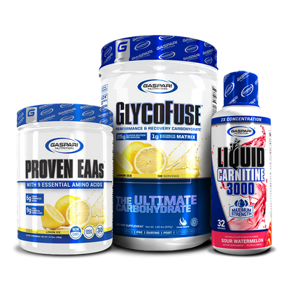 Array of three top performance supplements – Proven EAAs, GlycoFuse, and Liquid L-Carnitine with their vibrant flavor labels.