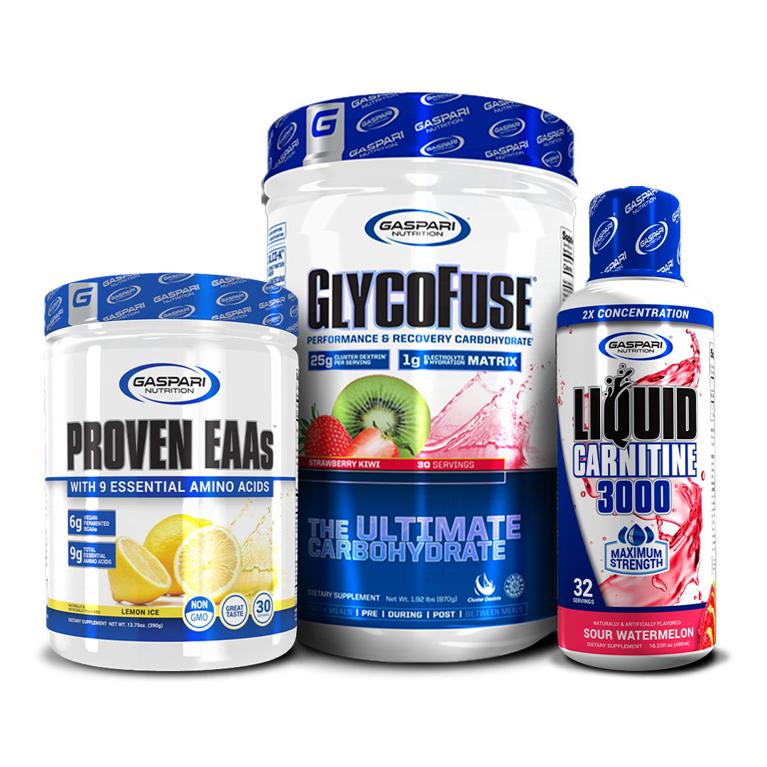 Colorful grouping of Proven EAAs in guava nectarine, GlycoFuse in strawberry kiwi, and Liquid L-Carnitine in blue raspberry flavor.