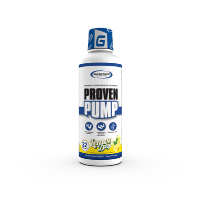 Bottle of Proven Pump by Gaspari Nutrition featuring a lemon drop flavor, designed as an advanced liquid muscle volumizer for fitness enthusiasts.