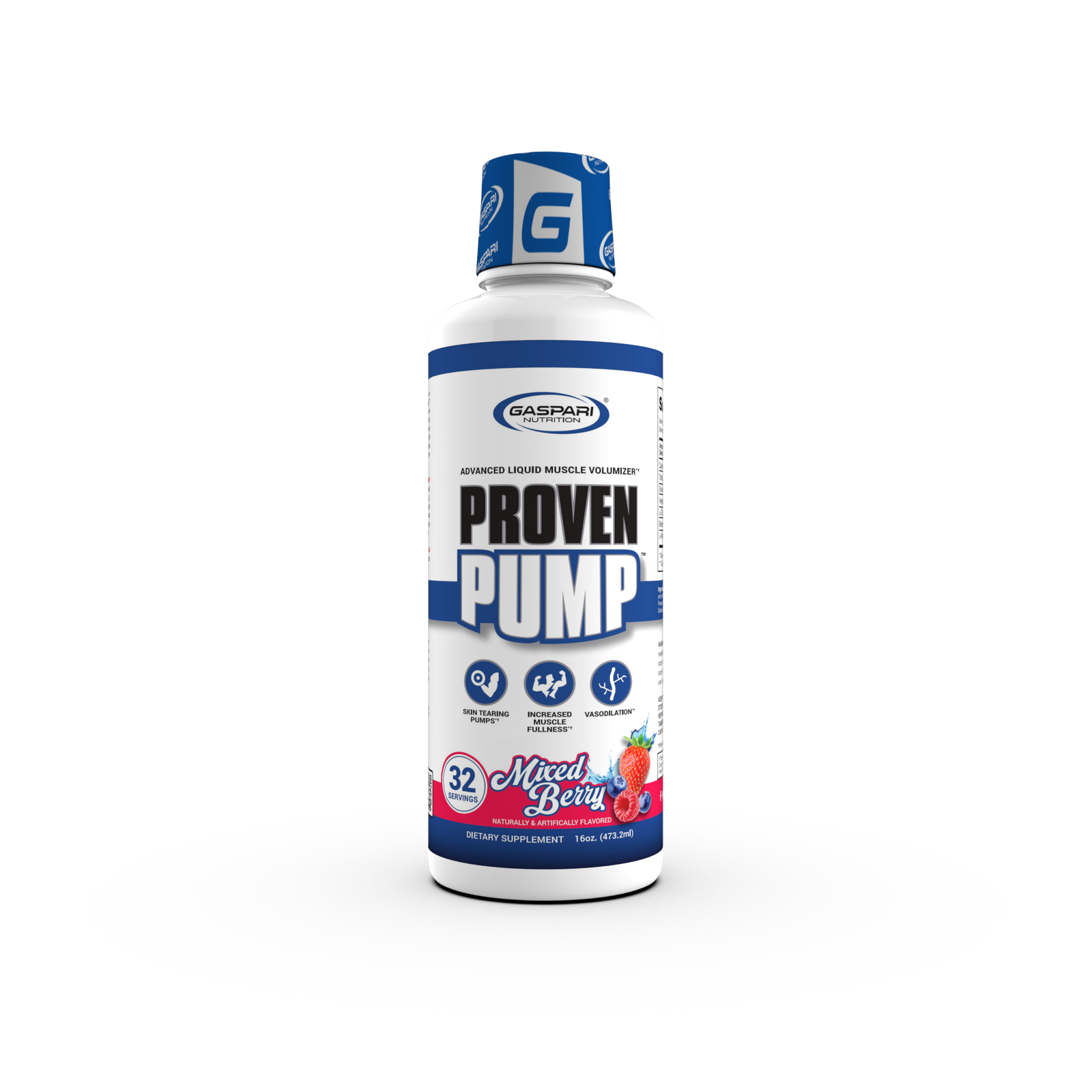 Bottle of Proven Pump by Gaspari Nutrition featuring a mixed berry flavor, designed as a liquid muscle volumizer.