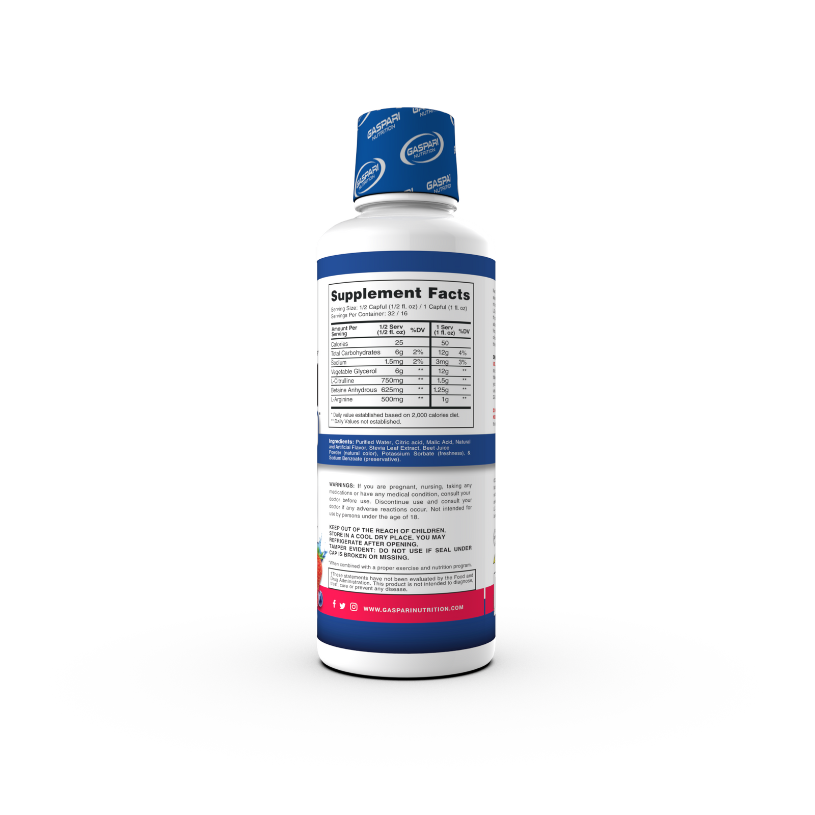 Back view of the mixed berry flavor Proven Pump bottle, displaying the supplement facts and ingredient details.