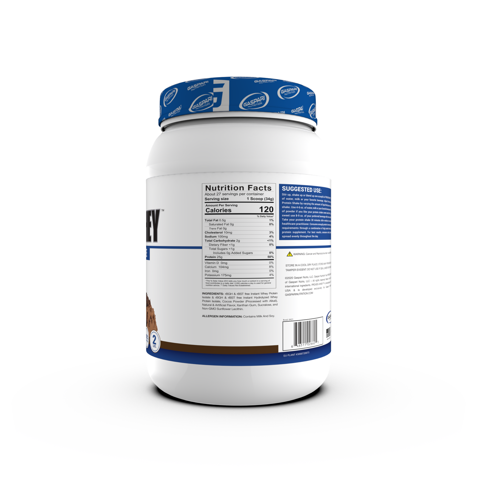 Another view of Gaspari Proven Whey – 100% Hydrolyzed Whey Protein Isolate tub showing details related to Whey Protein nutrition.