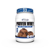 Container of PROVEN WHEY Chocolate Ice Cream flavor by Gaspari Nutrition featuring 25g protein and 0g lactose.