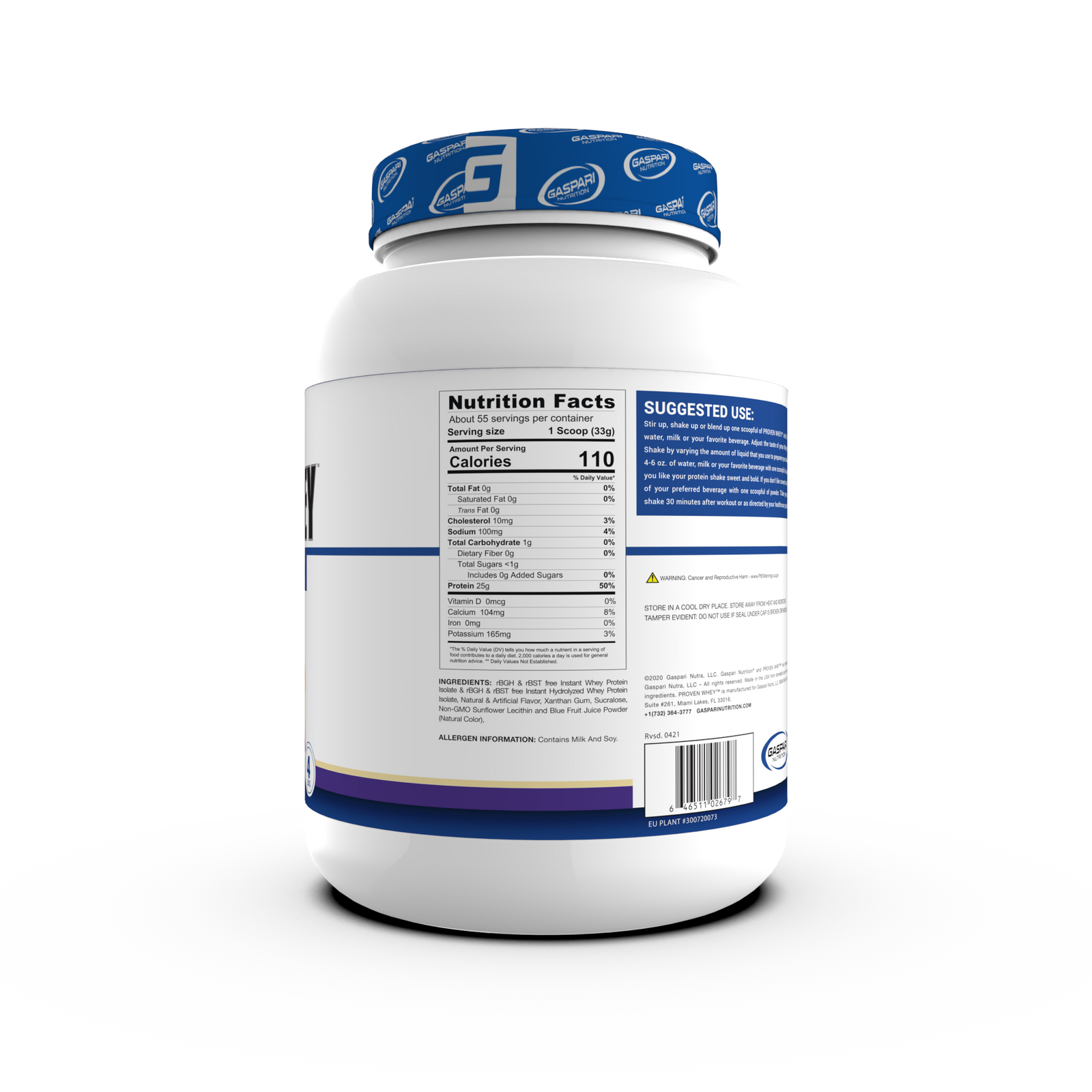 Gaspari Proven Whey – 100% Hydrolyzed Whey Protein Isolate tub with clear labeling emphasizing high protein levels and low calories.