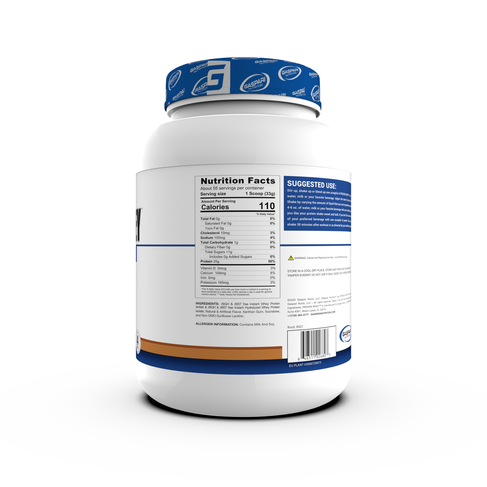 Different serving sizes of Gaspari Proven Whey – 100% Hydrolyzed Whey Protein Isolate tub viewed from the back, detailing Whey Protein nutrition.