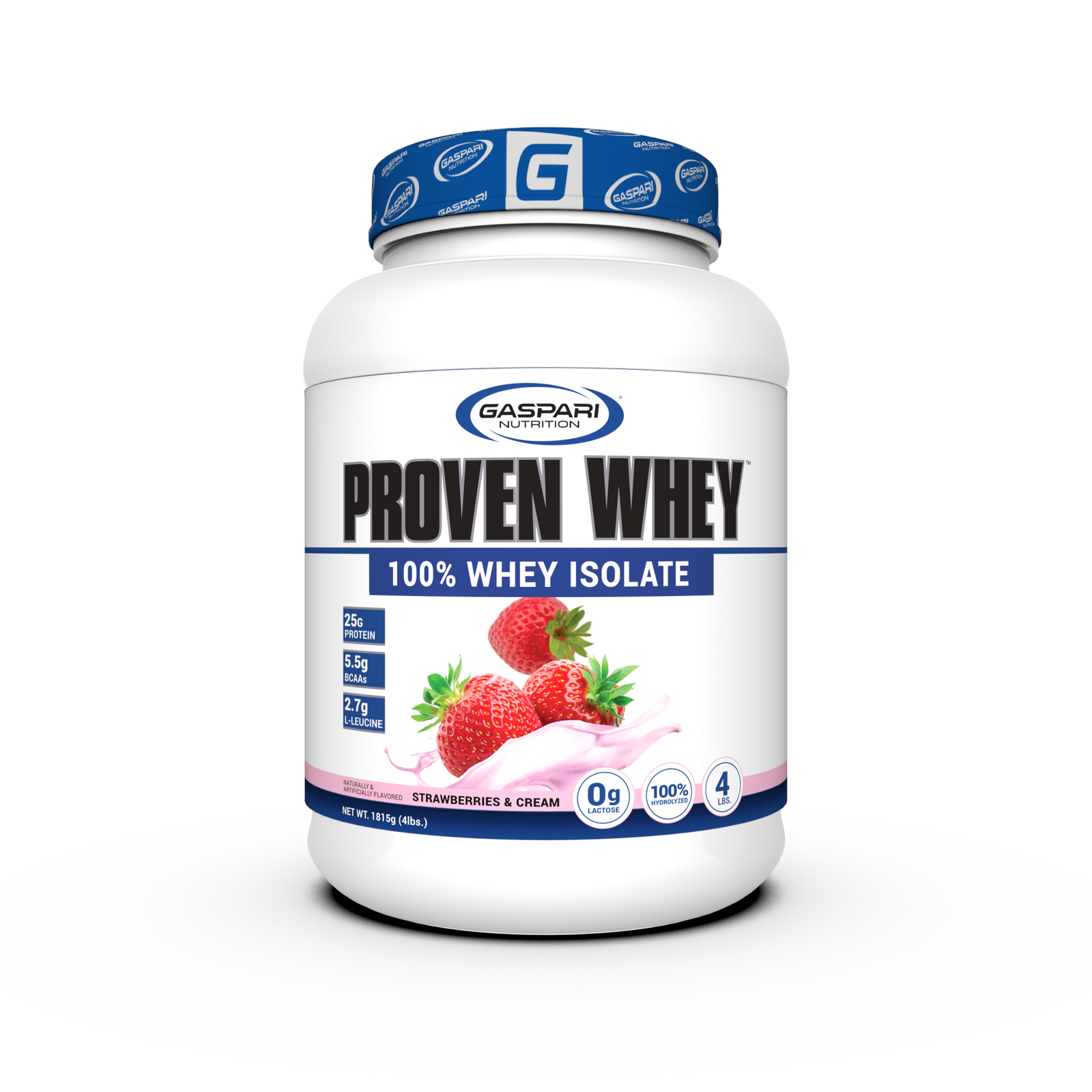 Gaspari Proven Whey – 100% Hydrolyzed Whey Protein Isolate tub in a clear view, illustrating the nutritional benefits of this Whey Protein powder.