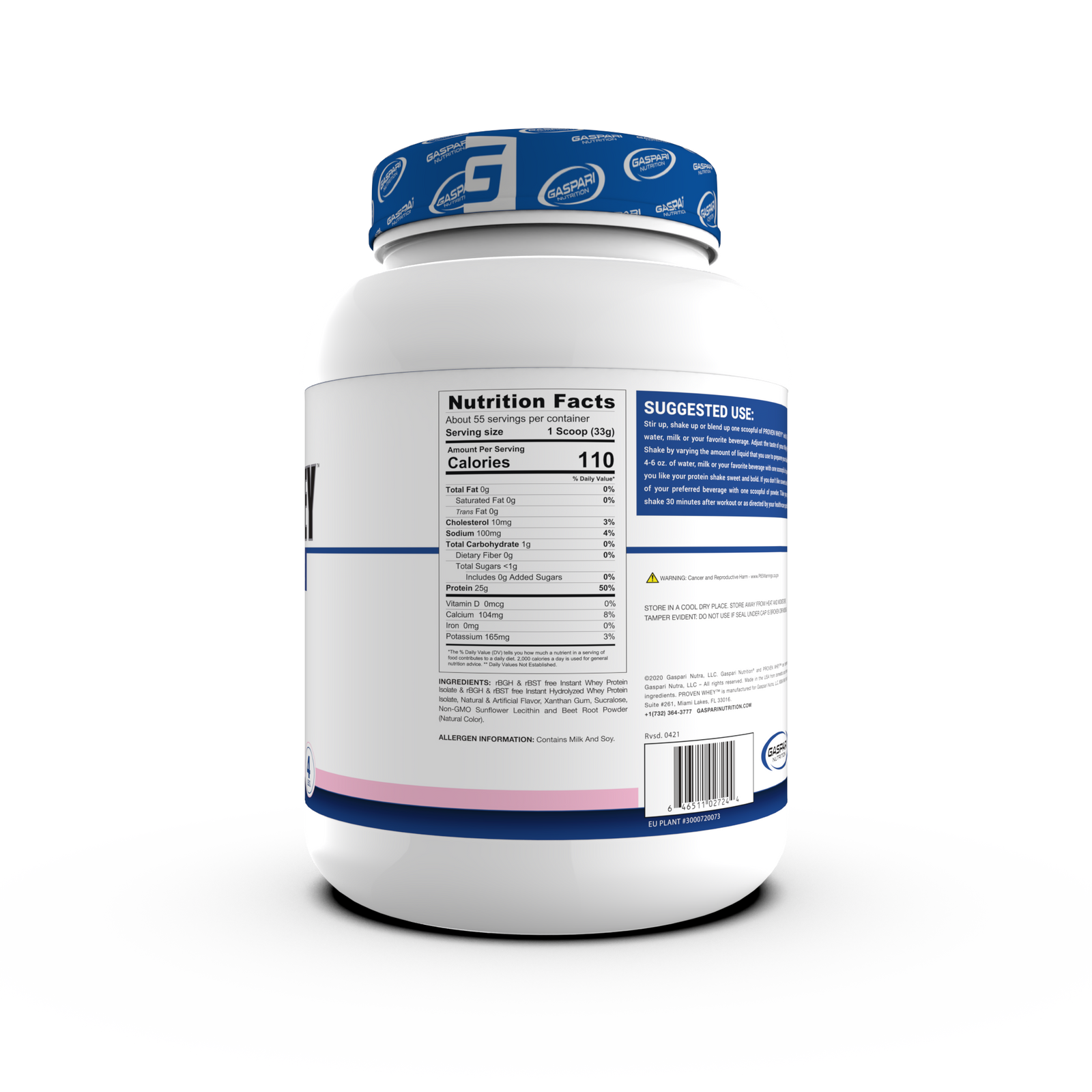 Front view of Gaspari Proven Whey – 100% Hydrolyzed Whey Protein Isolate tub emphasizing calorie count and Whey Protein purity.