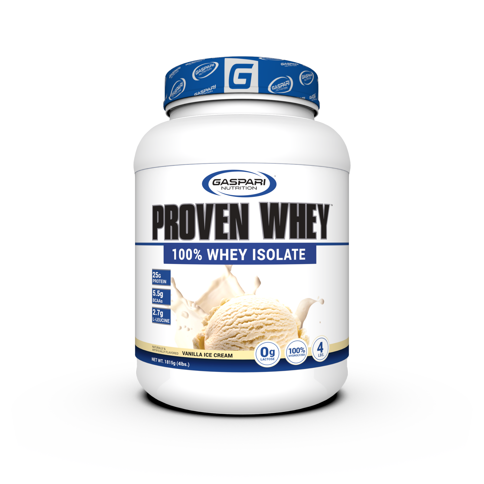 Fat and calorie details on the side of Gaspari Proven Whey – 100% Hydrolyzed Whey Protein Isolate, informing consumers about Whey Protein nutrition.