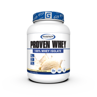 Fat and calorie details on the side of Gaspari Proven Whey – 100% Hydrolyzed Whey Protein Isolate, informing consumers about Whey Protein nutrition.
