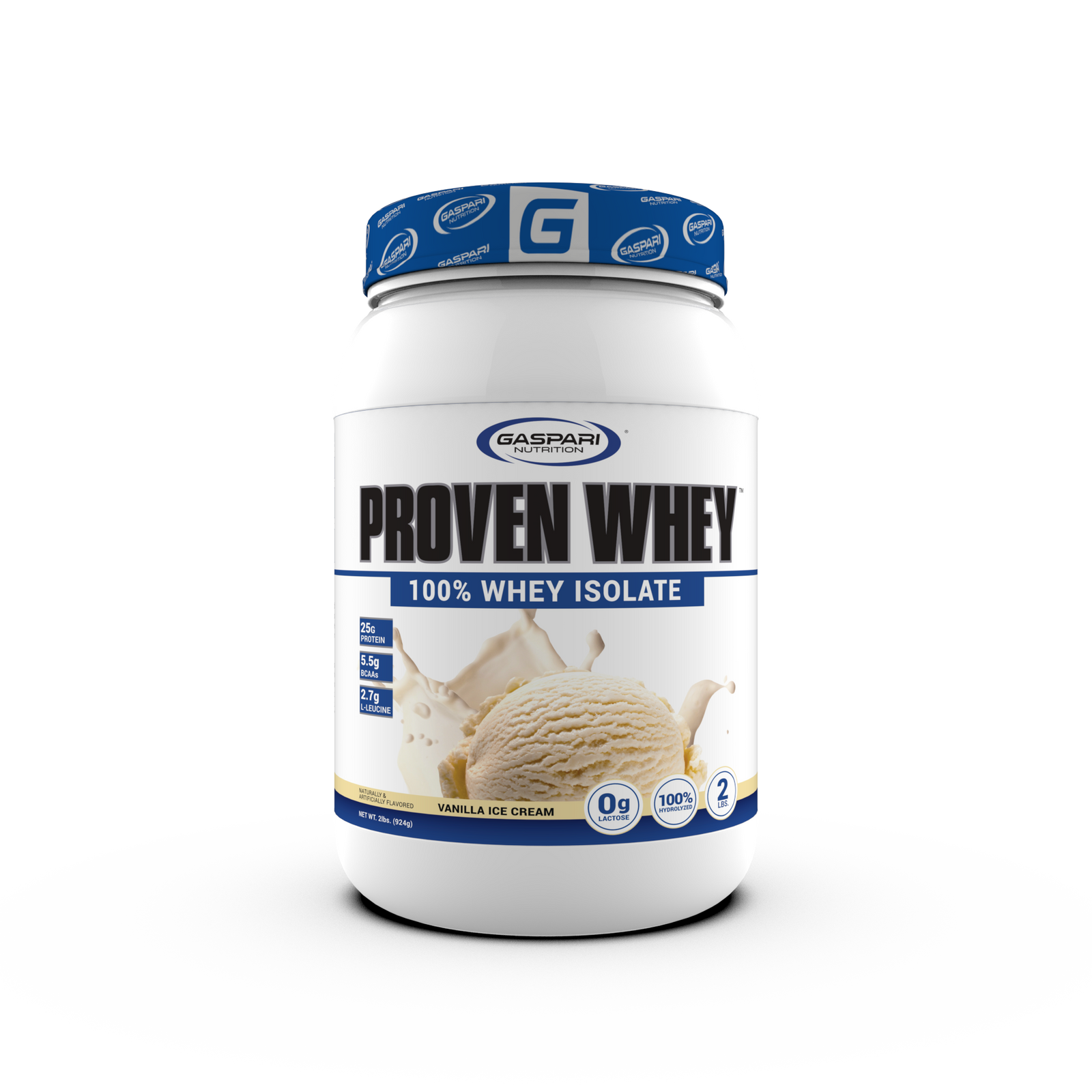 Side view of a PROVEN WHEY Vanilla Ice Cream flavor container featuring nutritional values and suggested use.