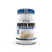 Side view of a PROVEN WHEY Vanilla Ice Cream flavor container featuring nutritional values and suggested use.