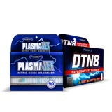 Gaspari Nutrition Pump & Burn Stack featuring PlasmaJet Nitric Oxide Maximizer and DTN8 Explosive Fat Burner supplement boxes, promoting enhanced workout performance and fat loss.
