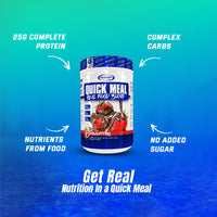 Gaspari Nutrition Quick Meal | Real Food Blend advertisement highlighting its nutrition benefits: 25g complete protein, nutrients from food, complex carbs, and no added sugar.
