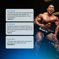 Customer testimonials for Gaspari Nutrition Quick Meal | Real Food Blend featuring positive feedback on taste and effectiveness as a meal replacement.