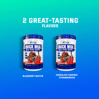 Gaspari Nutrition Quick Meal | Real Food Blend showcasing two flavors: Chocolate Covered Strawberries and Blueberry Muffin.
