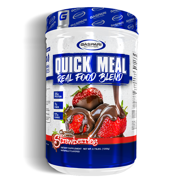 Container of Gaspari Nutrition Quick Meal Real Food Blend in chocolate-covered strawberries flavor, showcasing the same design as the front label with nutritional highlights.