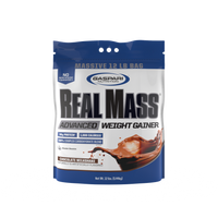 Gaspari Nutrition Real Mass weight gainer in a massive 12 lb bag, featuring chocolate milkshake flavor with 50 grams of protein and 1080 calories.