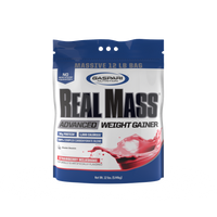 Gaspari Nutrition Real Mass weight gainer in a 12 lb bag showcasing strawberry milkshake flavor, perfect for those looking to gain weight with delicious options.