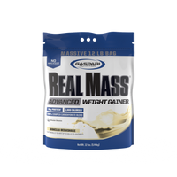 Gaspari Nutrition Real Mass weight gainer in a 12 lb bag with vanilla milkshake flavor, providing high protein and calorie content for effective weight gain.