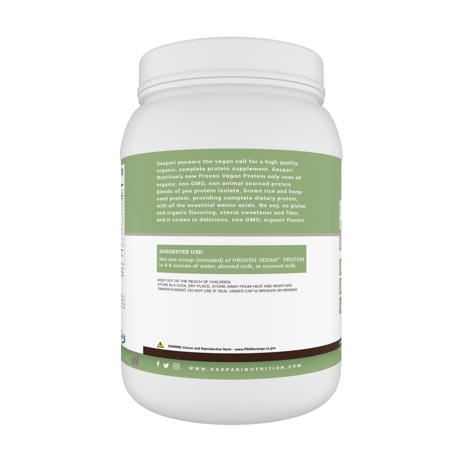 Gaspari Nutrition Proven Vegan™ Organic Plant-Based Protein powder jar showcasing Double Chocolate Cake flavor, highlighting 22g protein per serving and Non-GMO ingredients.