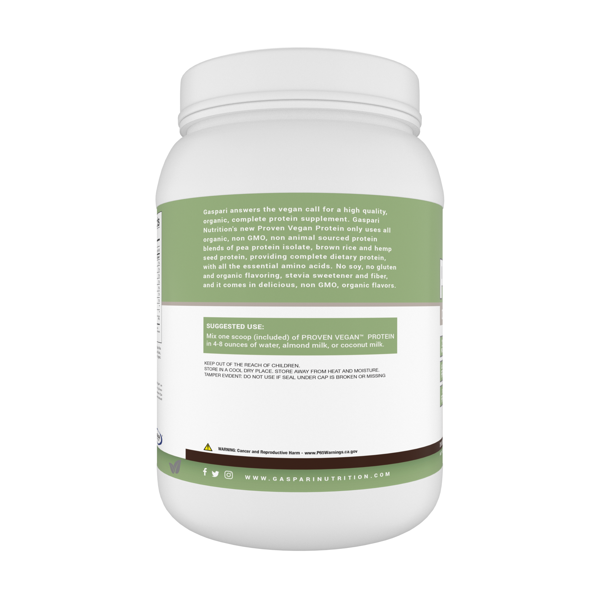 Gaspari Nutrition Proven Vegan™ Organic Plant-Based Protein powder jar showcasing Double Chocolate Cake flavor, highlighting 22g protein per serving and Non-GMO ingredients.