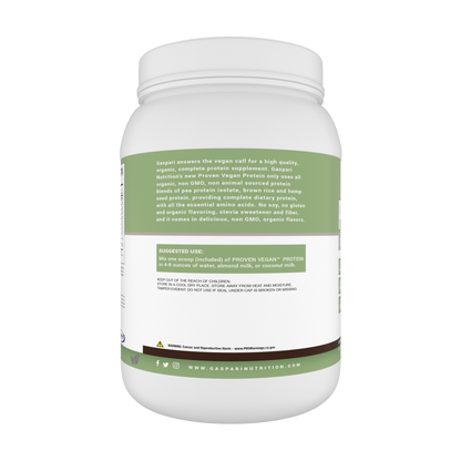 Gaspari Nutrition Proven Vegan™ Organic Plant-Based Protein powder jar showcasing Double Chocolate Cake flavor, highlighting 22g protein per serving and Non-GMO ingredients.