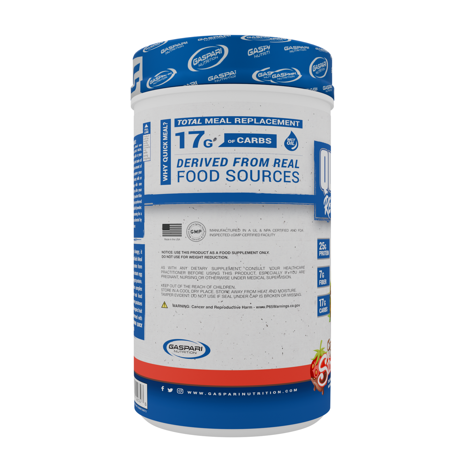 Gaspari Nutrition Quick Meal | Real Food Blend chocolate covered strawberries flavor, showcasing the nutrition profile with 25g protein, 7g fiber, and 17g carbs.