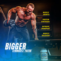 A muscular man lifting weights, showcasing the benefits of SizeOn Get Swole for Intra-Workout muscle growth.