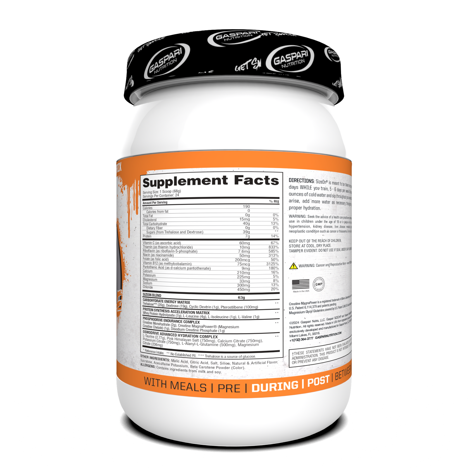 Nutritional information for SizeOn Get Swole Orange Cooler, suited for Intra-Workout recovery.