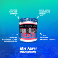 Gaspari Nutrition SuperPump Max pre-workout supplement with highlights of endurance support and muscle fatigue combat, showing the Watermelon flavor container.