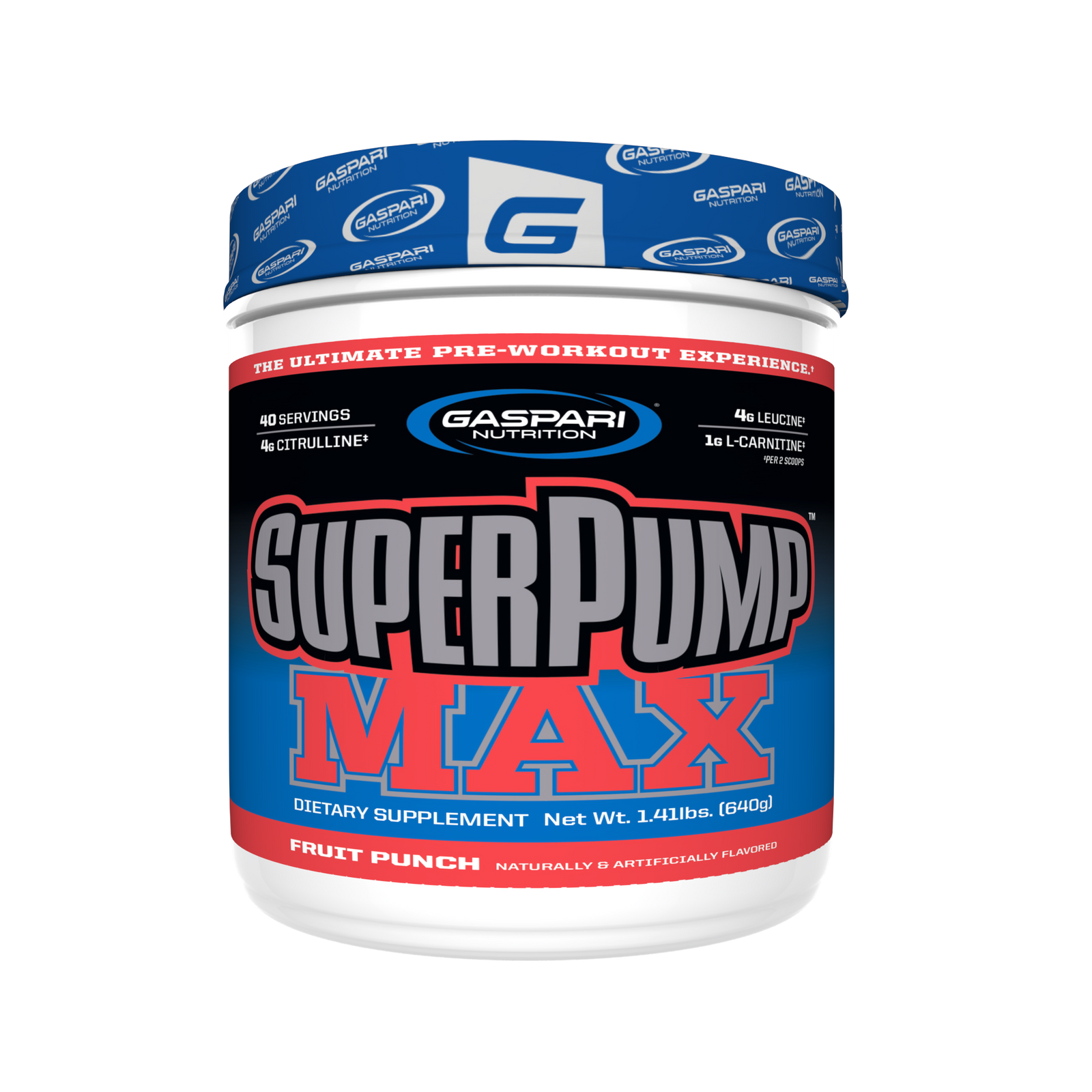 Gaspari Nutrition SuperPump Max pre-workout container in Blue Raspberry flavor, highlighting its performance-enhancing properties.