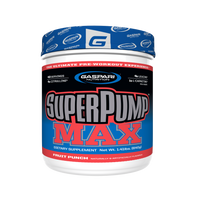 Gaspari Nutrition SuperPump Max pre-workout container in Blue Raspberry flavor, highlighting its performance-enhancing properties.
