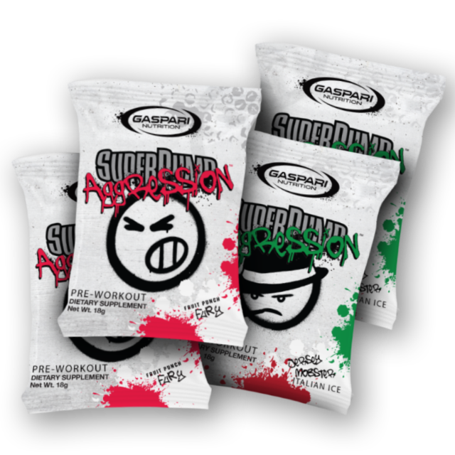 A collection of SuperPump Aggression sample sachets from Gaspari Nutrition, featuring vibrant graphic designs and flavors like Fruit Punch Fury, Gangsta Grape, and Grizzly Gummy, stacked on a black background.
