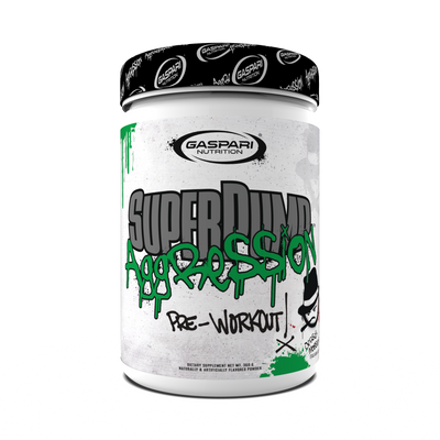 Gaspari Nutrition Super Pump Aggression pre-workout container with graffiti-style design and 