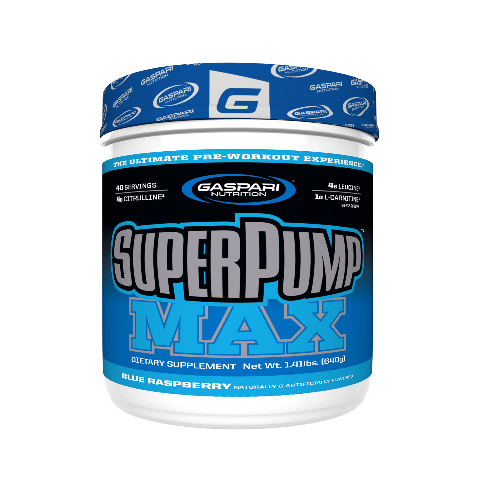 Gaspari Nutrition SuperPump Max pre-workout container showcasing the bold packaging, emphasizing strength and energy.