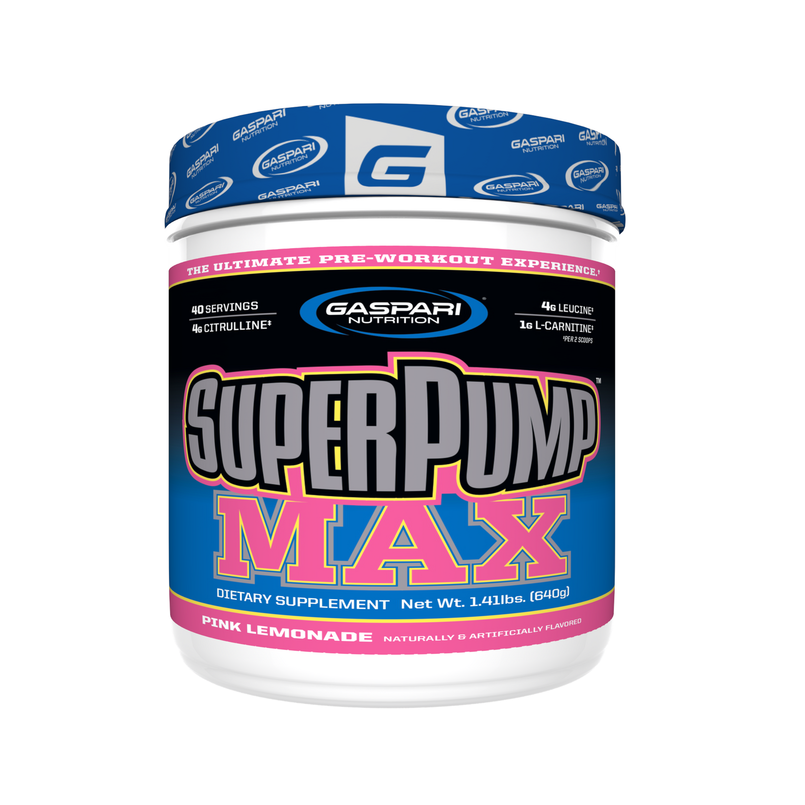 Gaspari Nutrition SuperPump Max pre-workout supplement container in Pink Lemonade flavor, focusing on strength and endurance.