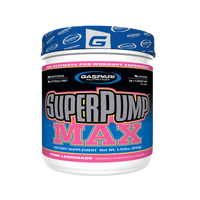 Gaspari Nutrition SuperPump Max pre-workout supplement container in Pink Lemonade flavor, focusing on strength and endurance.