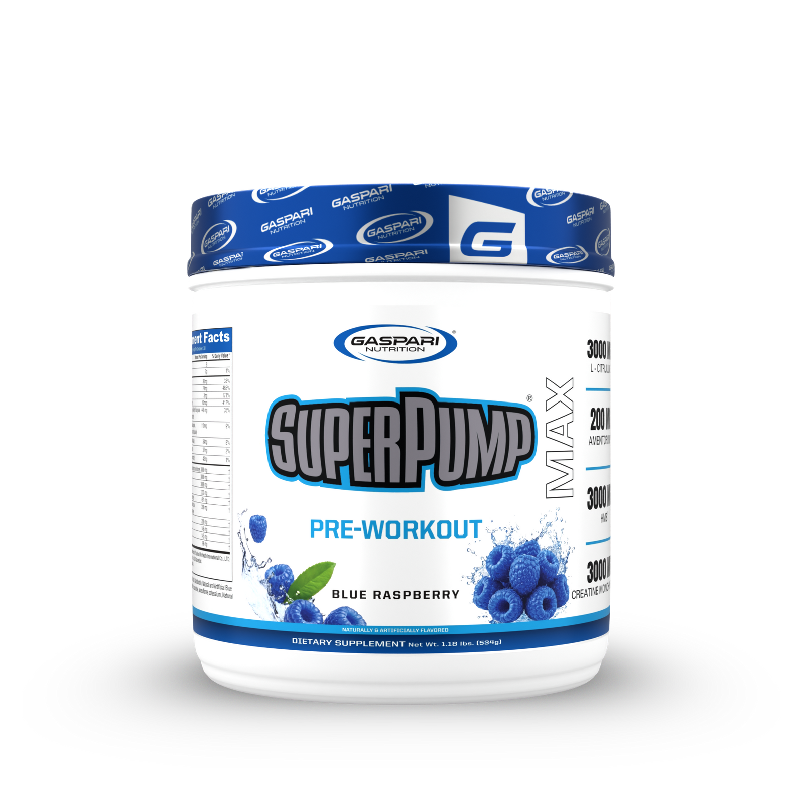 SuperPump Max New Formula transparent-label pre-workout – 3000mg creatine, 3000mg HMB, Blue Raspberry, 30 servings
