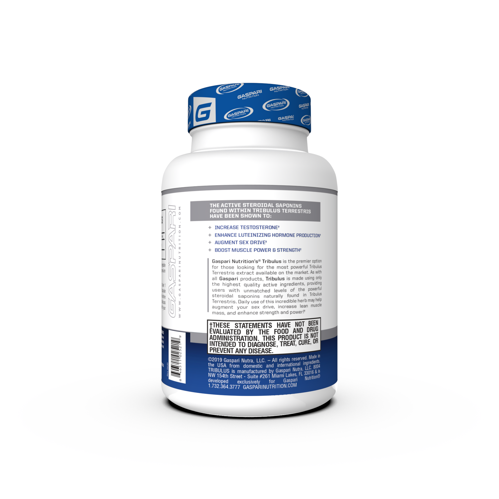 Gaspari Nutrition Tribulus supplement bottle featuring a blue and white design, labeled with '650mg at 90% Standardization' and 'Ultra High Potency Bulgarian Tribulus Extract'. The bottle contains 90 capsules and highlights dietary supplement information.