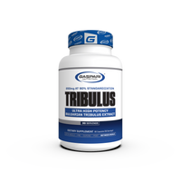 Gaspari Nutrition Tribulus supplement bottle featuring a blue and white design, labeled with '650mg at 90% Standardization' and 'Ultra High Potency Bulgarian Tribulus Extract'. The bottle contains 90 capsules and highlights dietary supplement information.