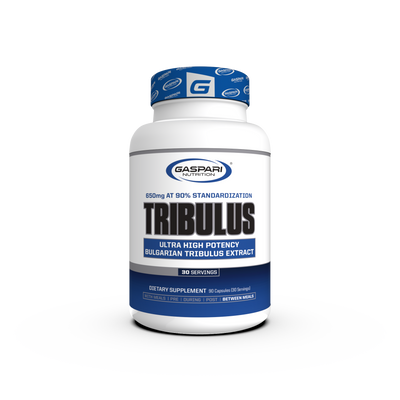 Gaspari Nutrition Tribulus supplement bottle featuring a blue and white design, labeled with '650mg at 90% Standardization' and 'Ultra High Potency Bulgarian Tribulus Extract'. The bottle contains 90 capsules and highlights dietary supplement information.