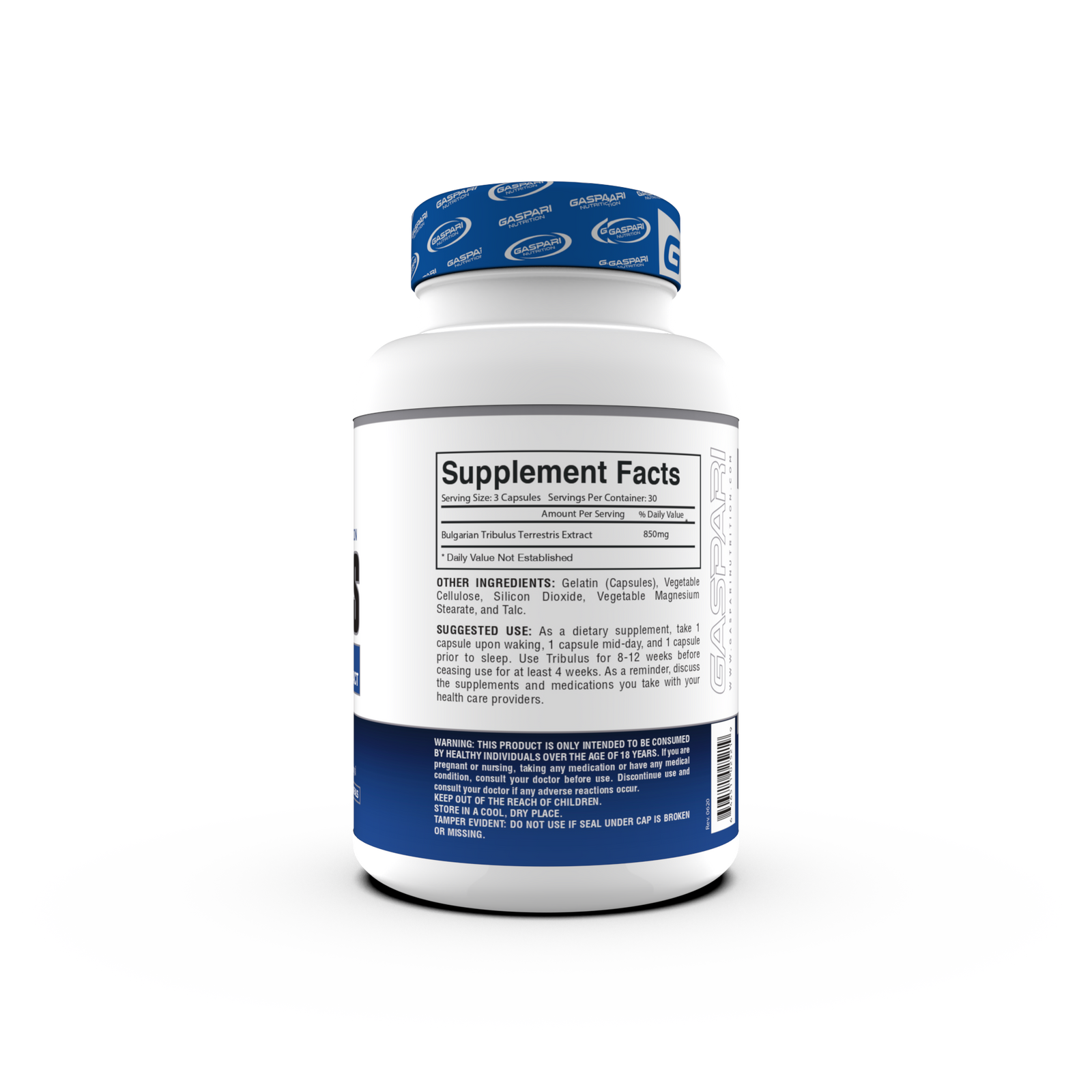 Gaspari Nutrition Tribulus supplement bottle featuring a blue and white design, labeled with '650mg at 90% Standardization' and 'Ultra High Potency Bulgarian Tribulus Extract'. The bottle contains 90 capsules and highlights dietary supplement information.