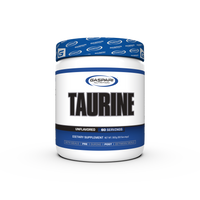 Gaspari Nutrition Taurine supplement container, unflavored, designed to optimize hydration and performance with 60 servings of taurine.