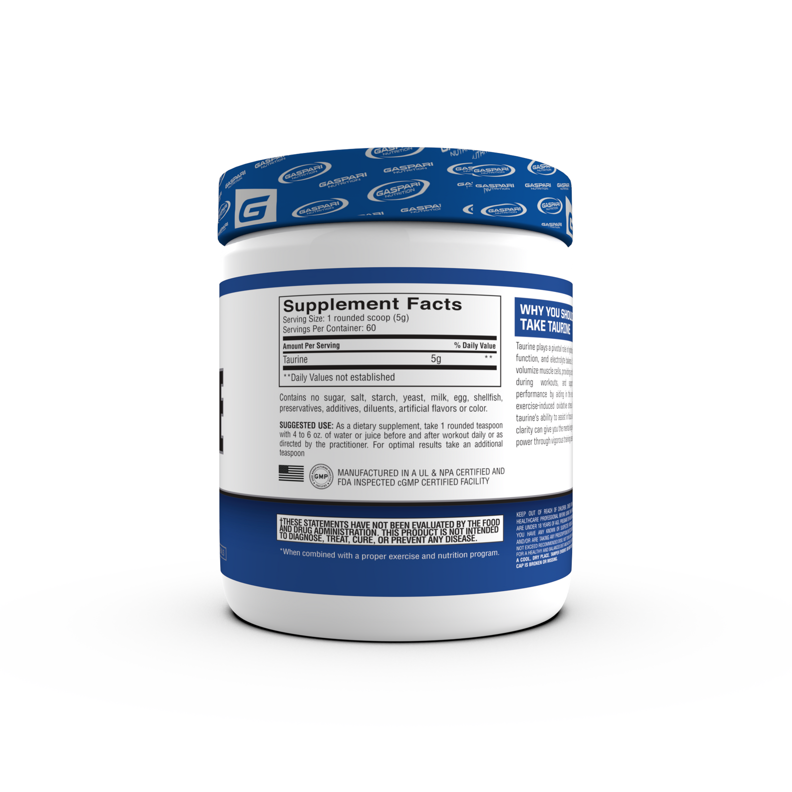 Supplement facts label for Gaspari Nutrition Taurine, highlighting the benefits of taurine for hydration and performance optimization.