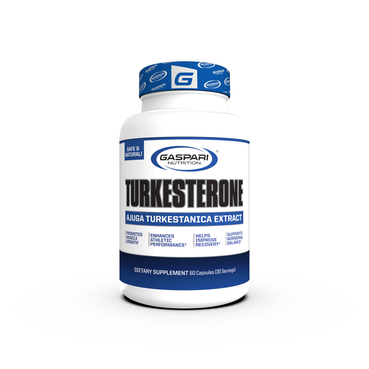 Gaspari Nutrition Turkesterone supplement bottle showcasing Ajuga Turkestanica Extract, promoting muscle growth and athletic performance.