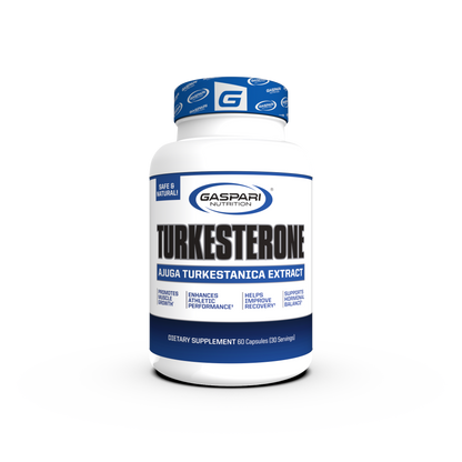 Gaspari Nutrition Turkesterone supplement bottle showcasing Ajuga Turkestanica Extract, promoting muscle growth and athletic performance.
